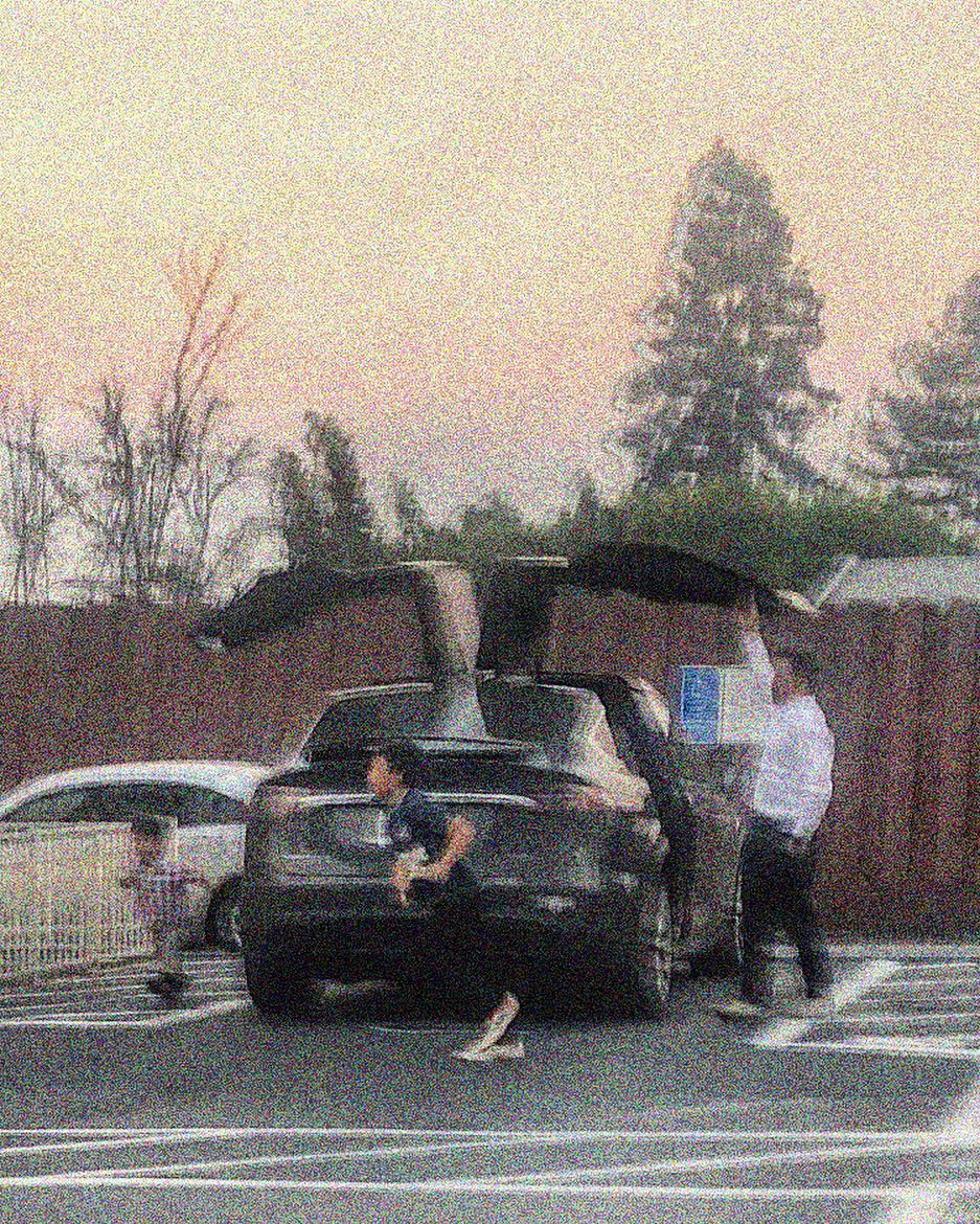 grainy image of people near a tesla brand car